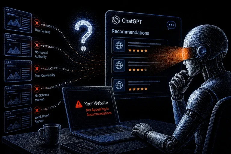 AI system analyzing why a website does not appear in ChatGPT recommendations, showing content quality, crawlability, schema markup, and authority signals.