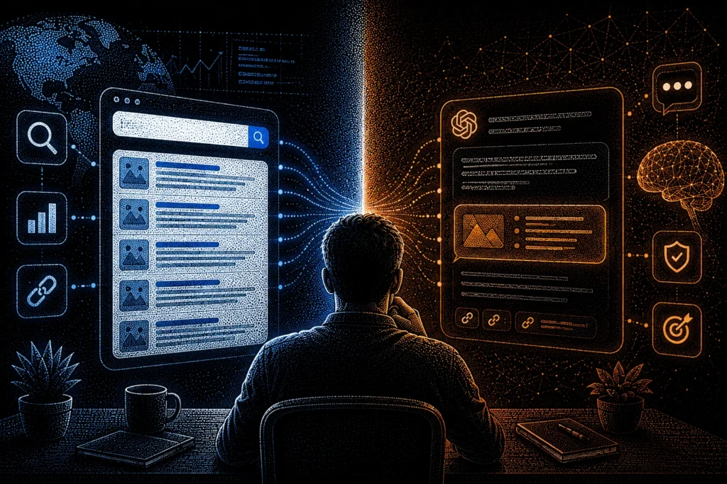 Futuristic illustration comparing AI Search and Traditional Search, showing how users discover information through search engines and AI-powered answer engines.