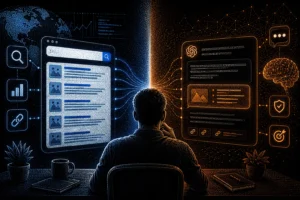 Futuristic illustration comparing AI Search and Traditional Search, showing how users discover information through search engines and AI-powered answer engines.