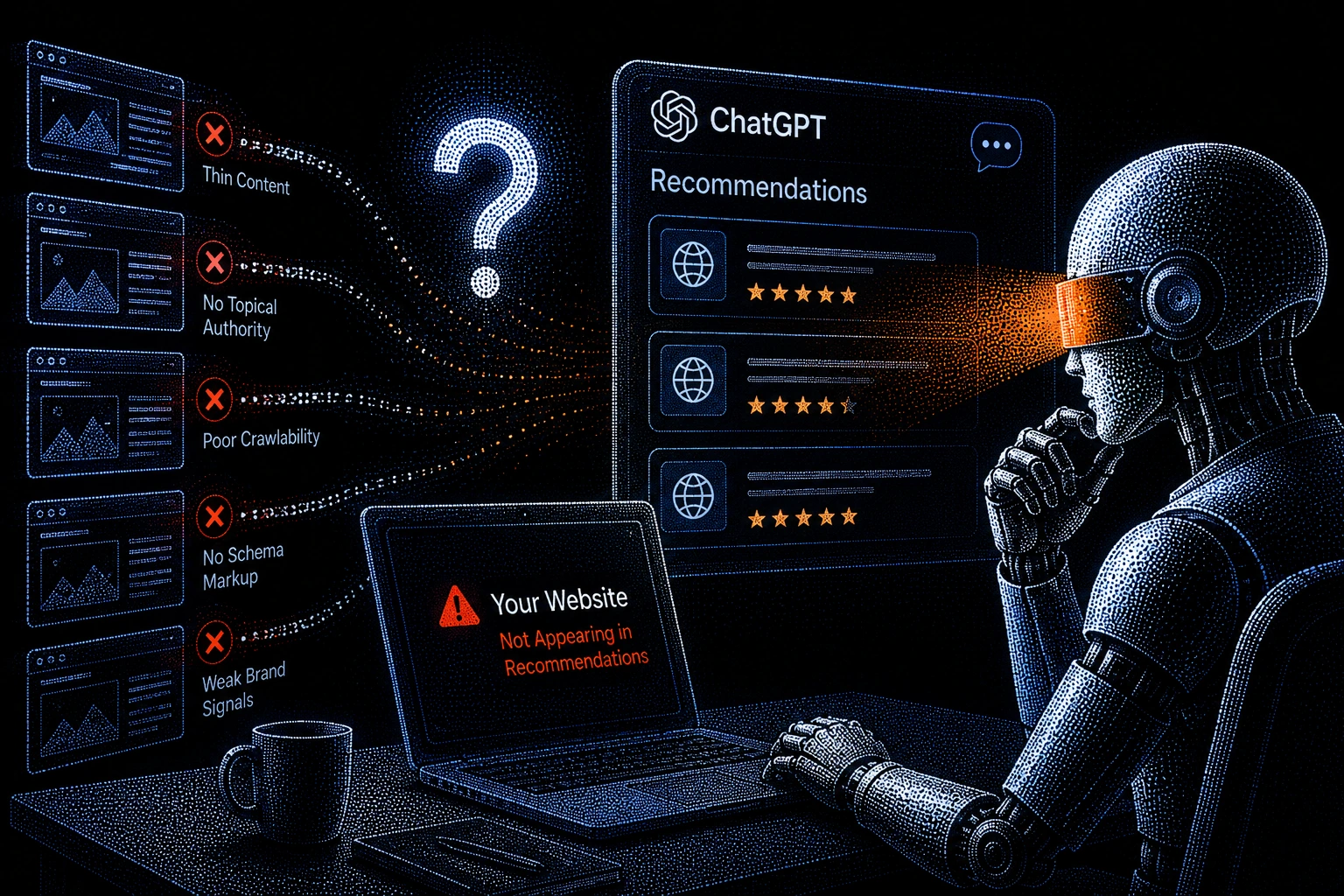 AI system analyzing why a website does not appear in ChatGPT recommendations, showing content quality, crawlability, schema markup, and authority signals.