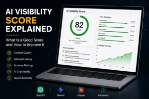 AI Visibility Score dashboard showing website optimization metrics for AI search platforms including ChatGPT, Gemini, Claude, and Perplexity.