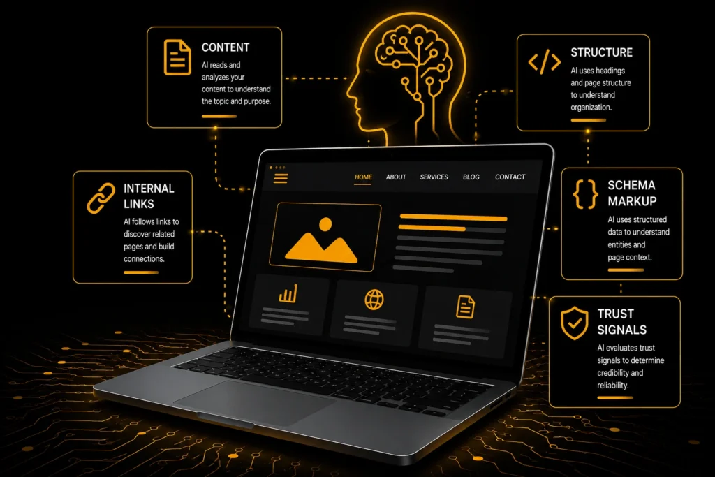AI systems analyzing a website using content structure, schema markup, internal links, and trust signals to understand and evaluate web pages