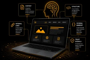 AI systems analyzing a website using content structure, schema markup, internal links, and trust signals to understand and evaluate web pages