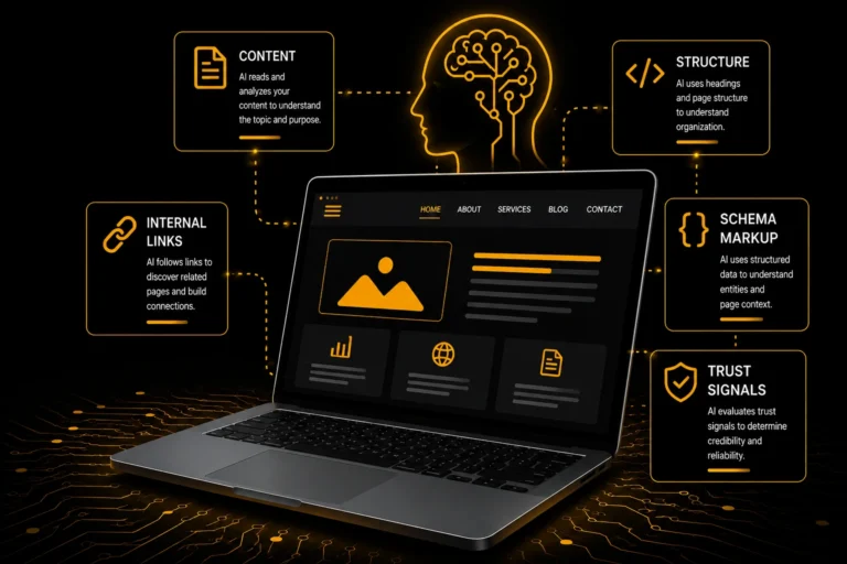 AI systems analyzing a website using content structure, schema markup, internal links, and trust signals to understand and evaluate web pages