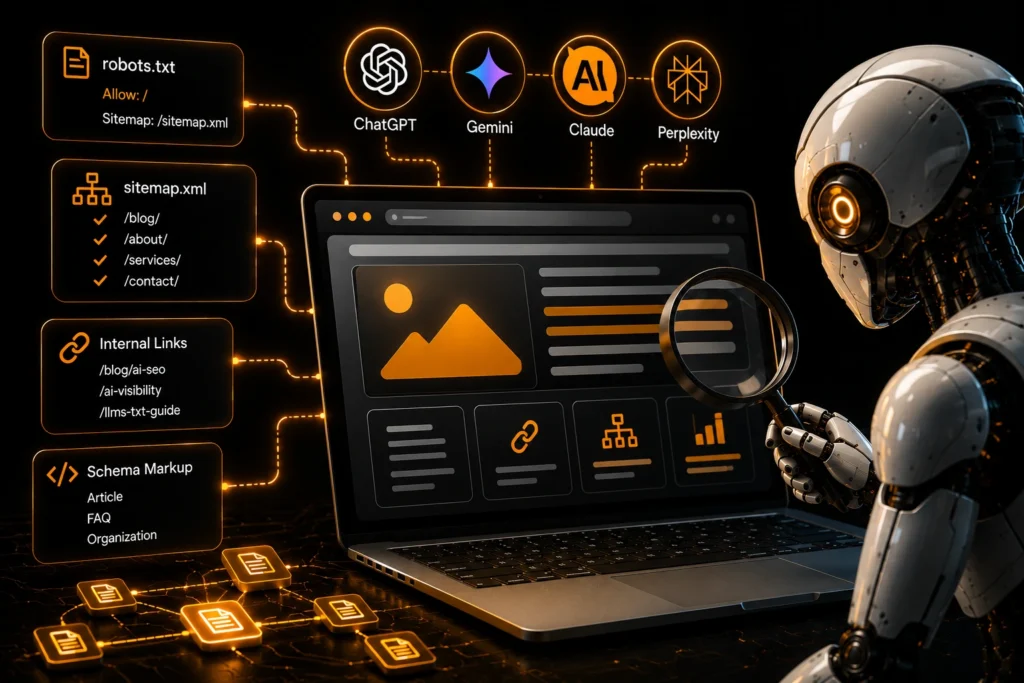 AI crawlability illustration showing an AI robot analyzing a website with robots.txt, sitemap, internal links, and schema markup for AI search optimization