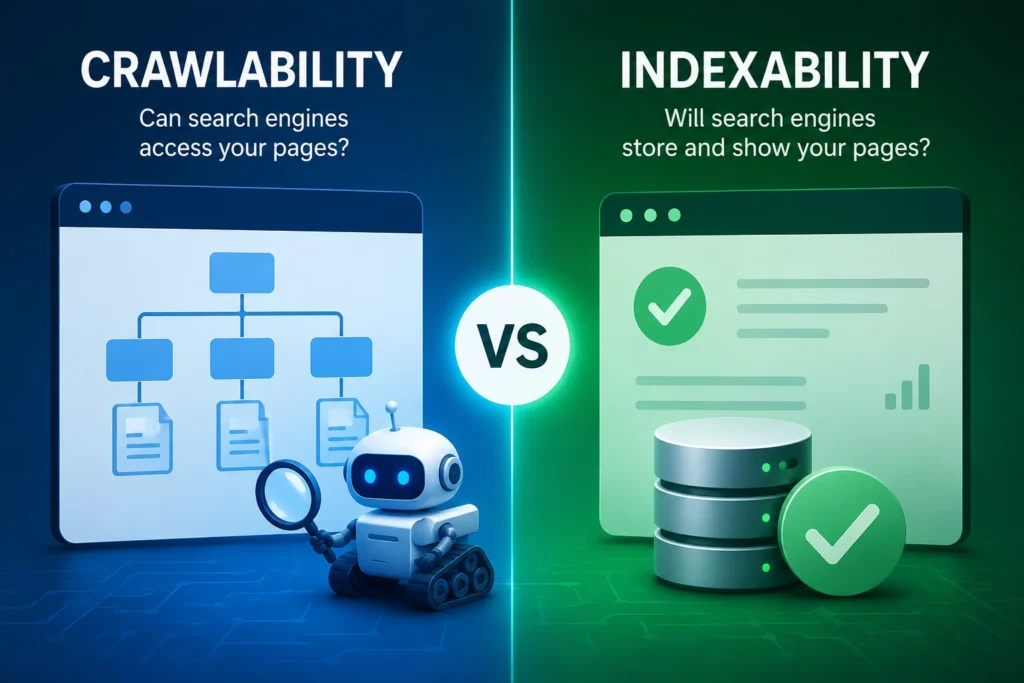Illustration comparing crawlability and indexability, showing how search engines crawl web pages before deciding whether to index them for search results.