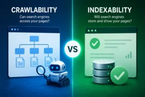 Illustration comparing crawlability and indexability, showing how search engines crawl web pages before deciding whether to index them for search results.