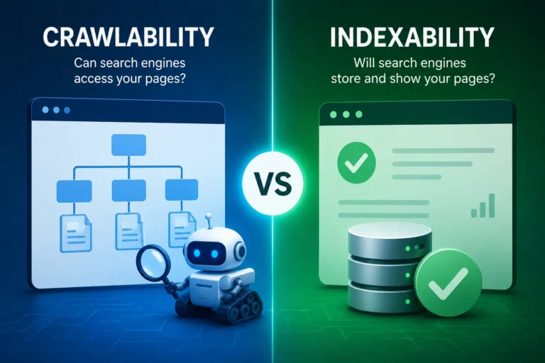 Illustration comparing crawlability and indexability, showing how search engines crawl web pages before deciding whether to index them for search results.