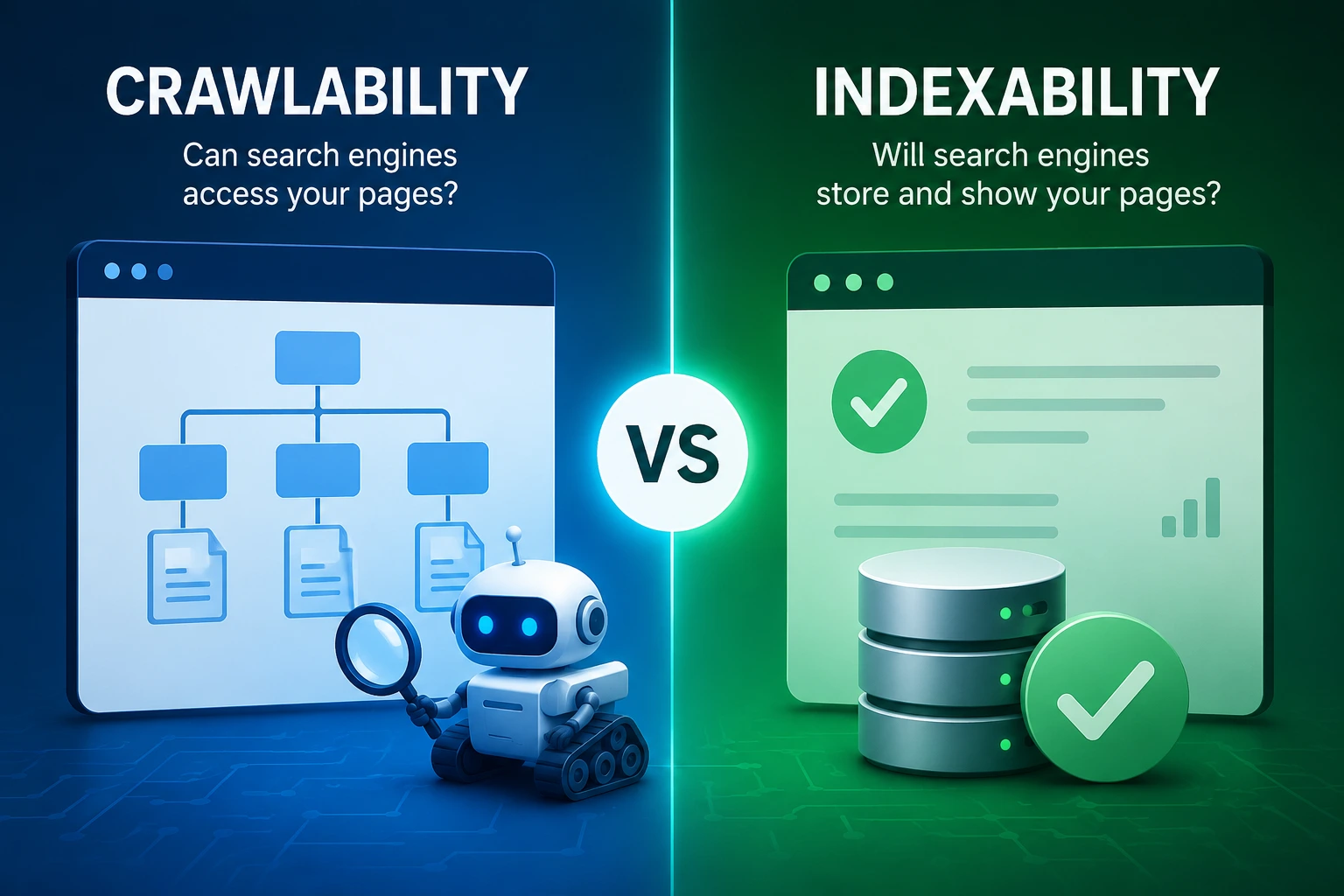 Illustration comparing crawlability and indexability, showing how search engines crawl web pages before deciding whether to index them for search results.