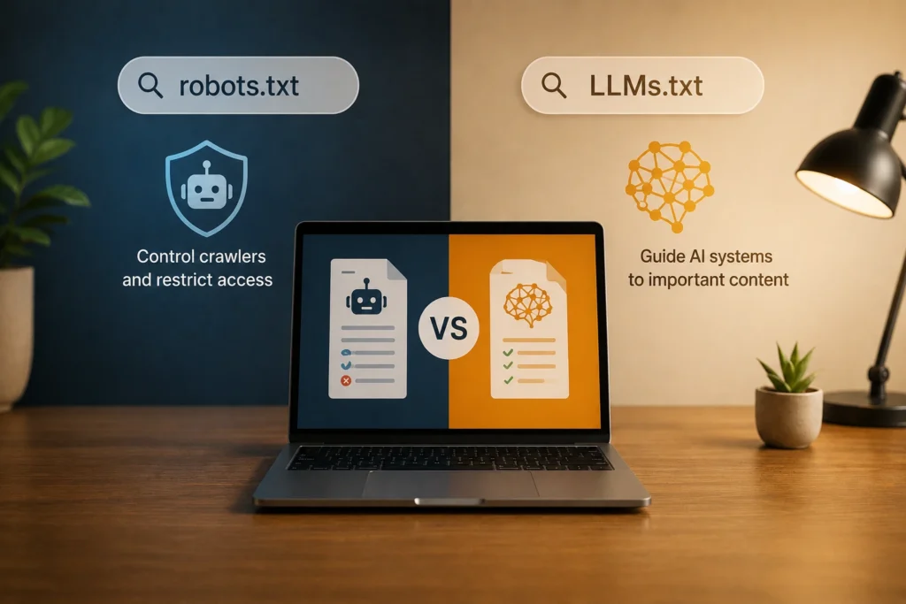 Comparison between LLMs.txt and robots.txt showing how robots.txt controls search engine crawlers while LLMs.txt helps AI systems discover important website content.