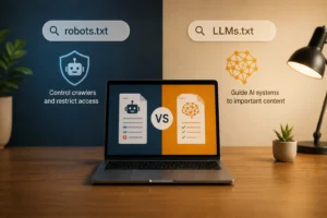 Comparison between LLMs.txt and robots.txt showing how robots.txt controls search engine crawlers while LLMs.txt helps AI systems discover important website content.