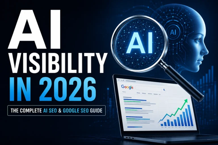 Illustration showing a website document connecting to Google search, an AI chat assistant, and an AI crawler bot, representing AI visibility and AI SEO