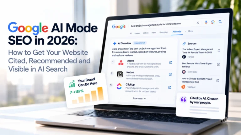 Google AI Mode SEO in 2026 showing website citations, recommendations and visibility in AI Search