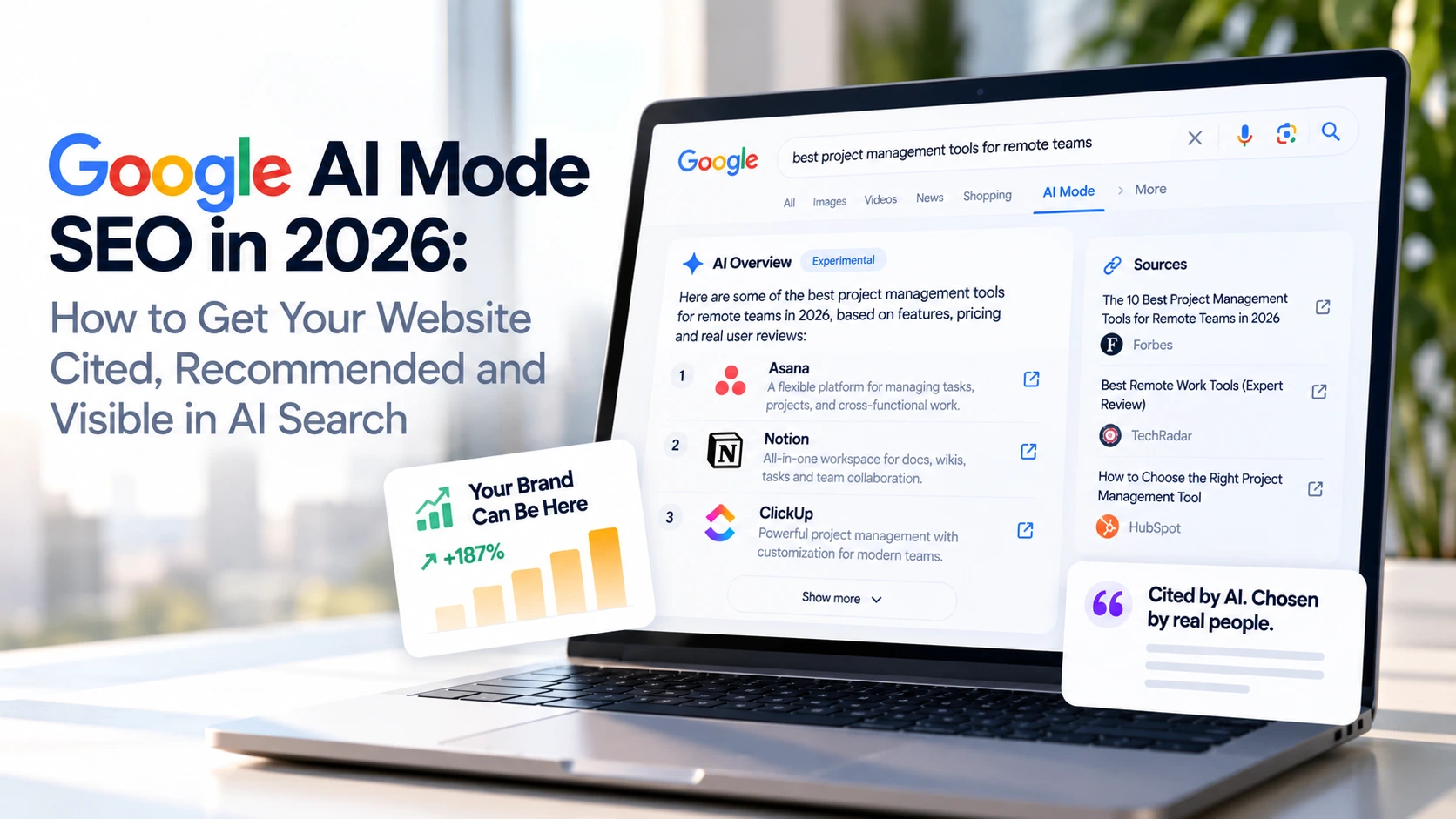 Google AI Mode SEO in 2026 showing website citations, recommendations and visibility in AI Search