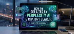 Featured banner displaying a laptop screen with the title "How to Get Cited by Perplexity AI & ChatGPT Search: Complete 2026 Guide" surrounded by AI search citation icons and clean workspace elements.
