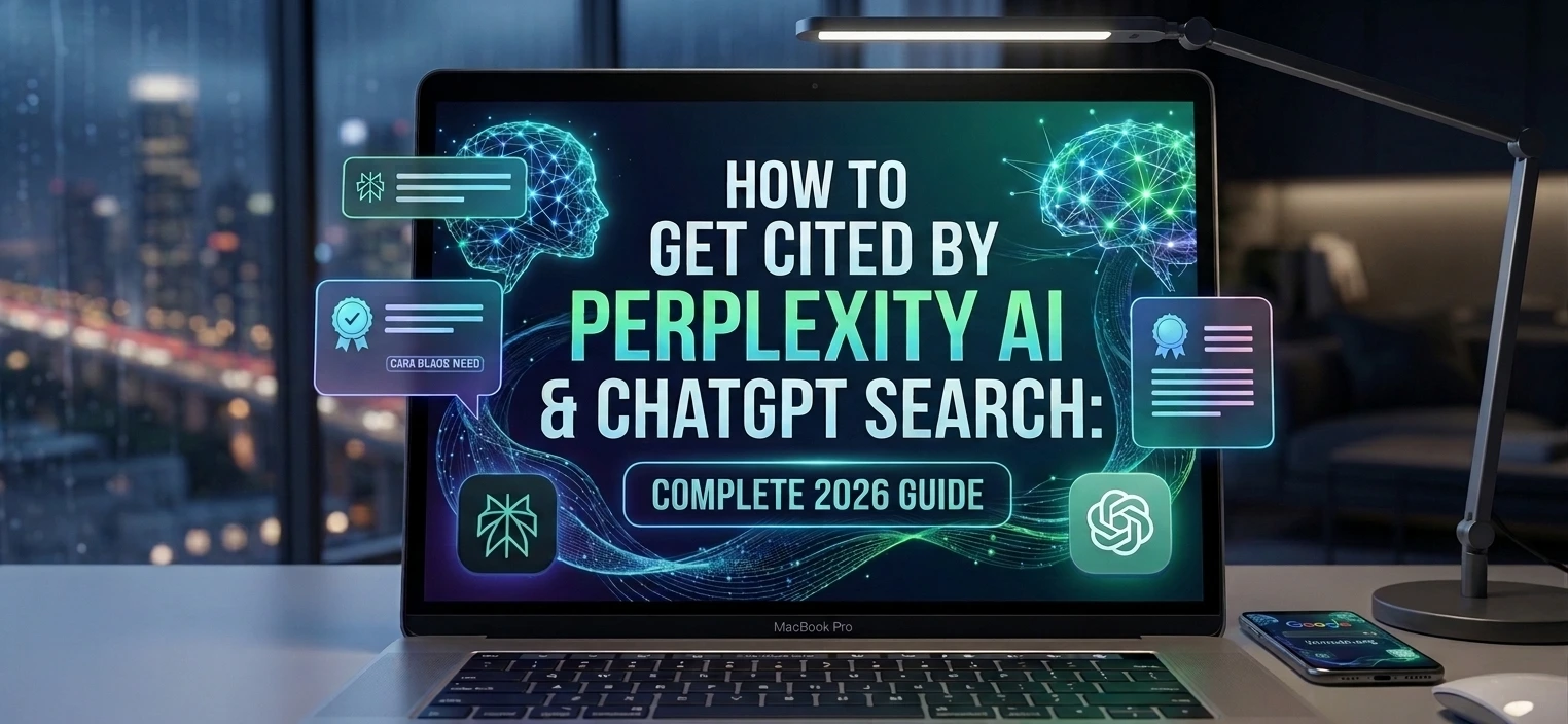 Featured banner displaying a laptop screen with the title "How to Get Cited by Perplexity AI & ChatGPT Search: Complete 2026 Guide" surrounded by AI search citation icons and clean workspace elements.