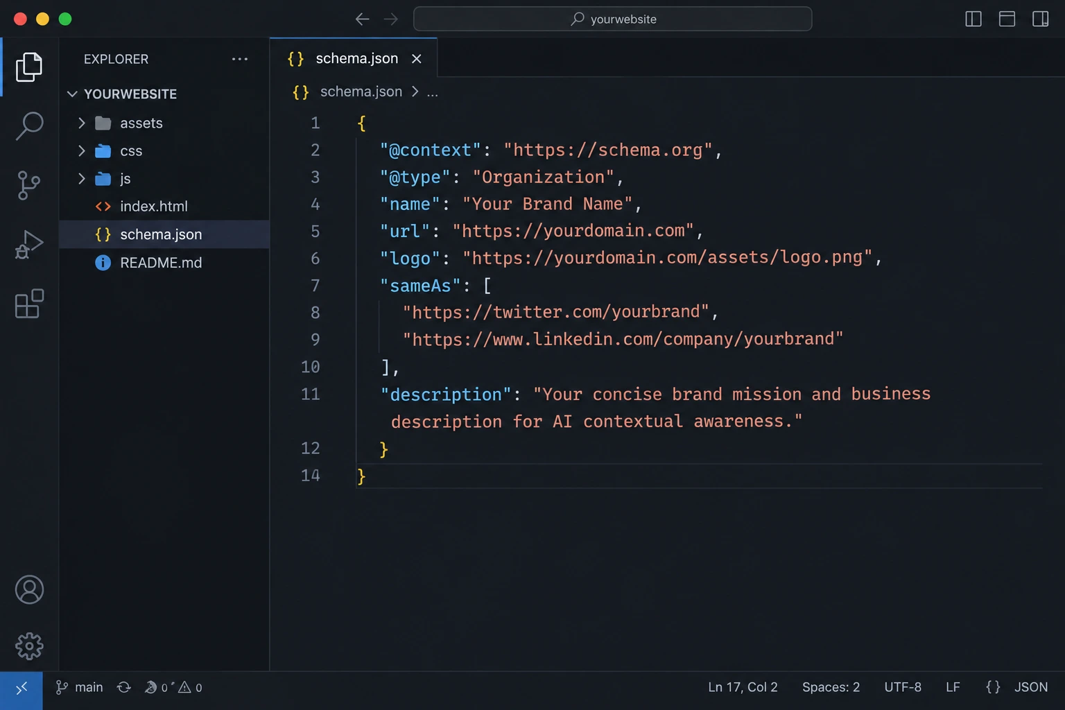 JSON-LD Organization schema markup displayed in a code editor