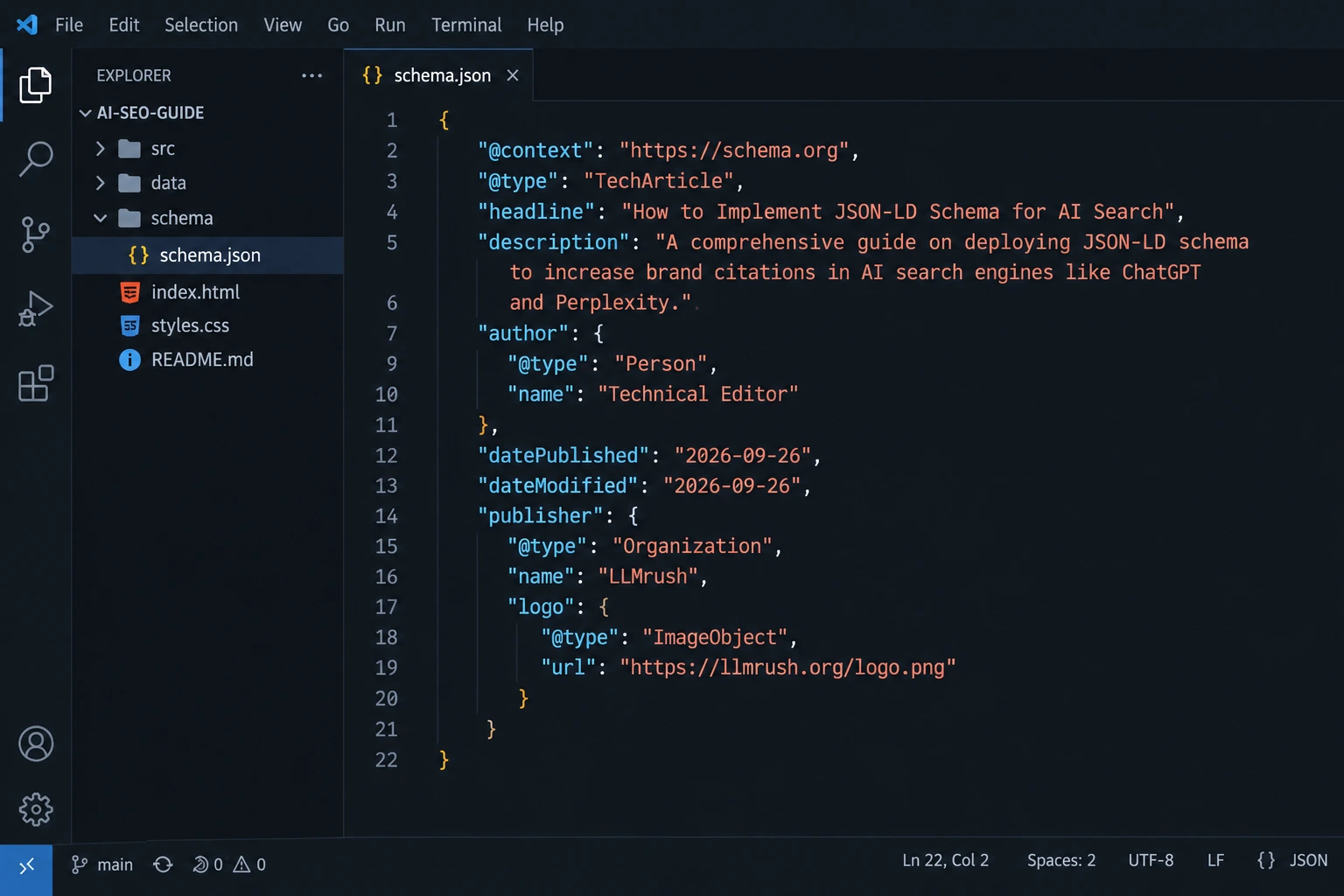 TechArticle JSON-LD schema markup for an AI search guide displayed in a code editor