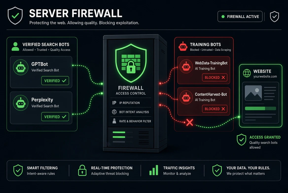Technical architecture diagram of AI search bots and training crawlers interacting with a Web Application Firewall.