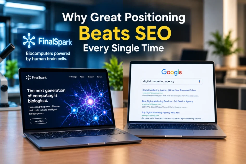 Why great positioning beats SEO, showing a unique biotech brand compared with generic digital marketing search results