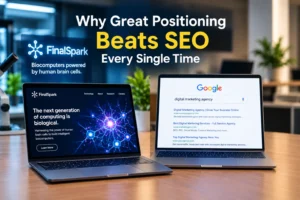 Why great positioning beats SEO, showing a unique biotech brand compared with generic digital marketing search results