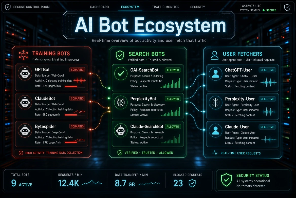 AI Bot Ecosystem dashboard showing three categories of bots: Training Bots (GPTBot, ClaudeBot, Bytespider) marked as scraping, Search Bots (OAI-SearchBot, PerplexityBot, Claude-SearchBot) marked as allowed, and User Fetchers (ChatGPT-User, Perplexity-User, Claude-User) marked as real-time user requests, displayed in a dark cyber security control room interface.