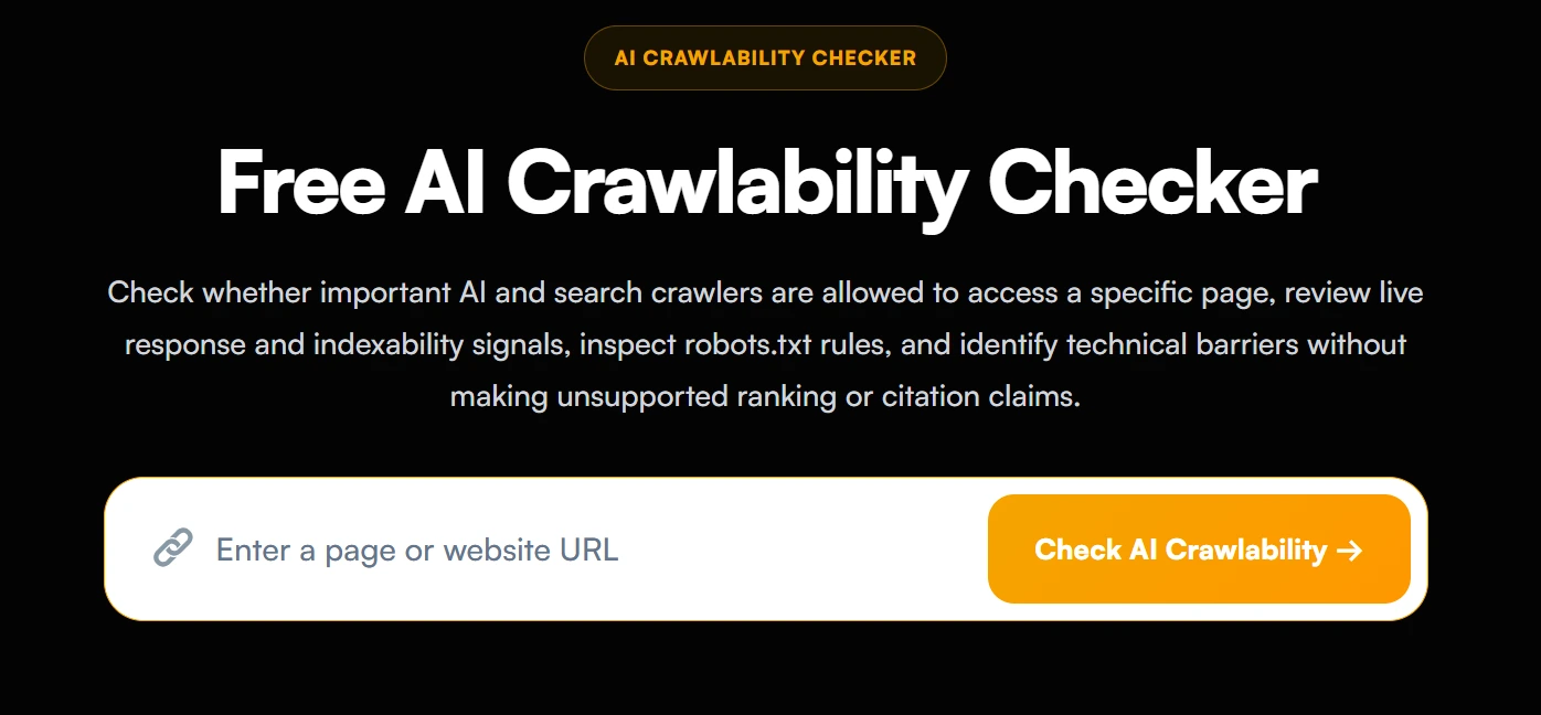 LLMrush AI Crawlability Checker showing HTTP response codes across multiple AI crawlers.
