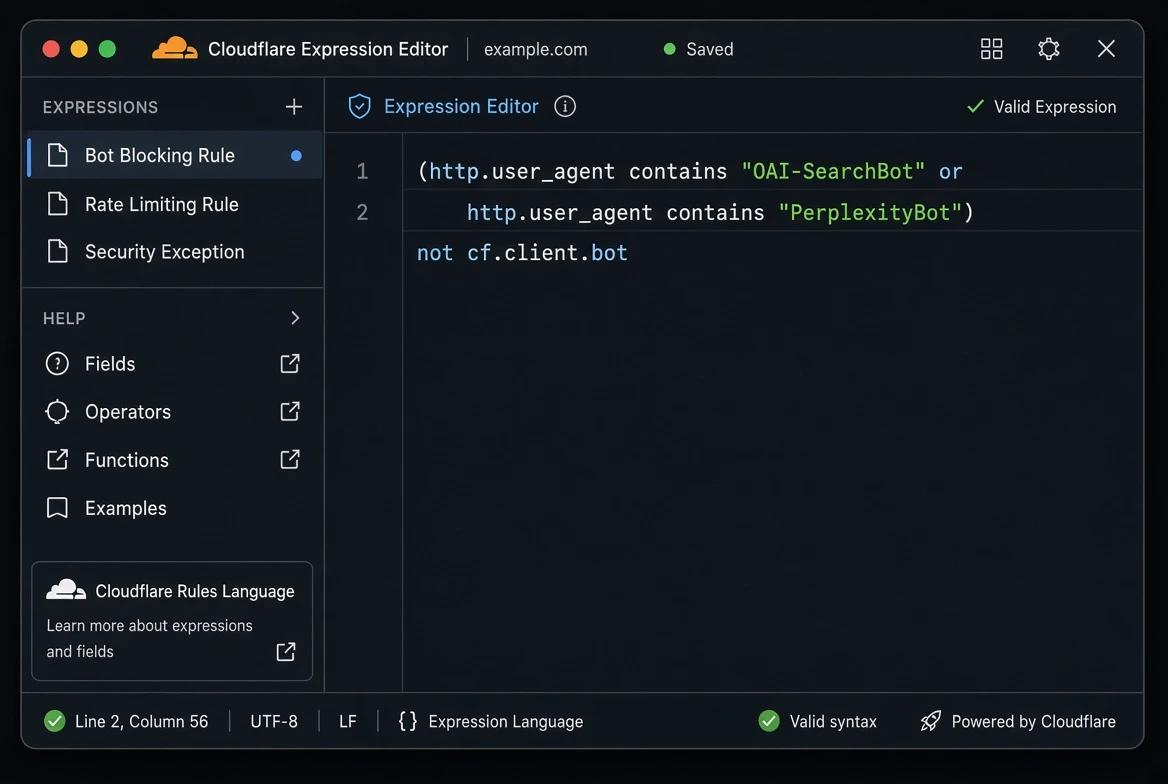 Simple dark code snippet of Cloudflare WAF expression: (http.user_agent contains "OAI-SearchBot" or http.user_agent contains "PerplexityBot") and not cf.client.bot with syntax highlighting.