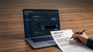 A desktop mockup on a wood table, showing a Cloudflare WAF Security Rules dashboard beside a physical document titled robots.txt which details blocking rules for various AI and search bots including GPTBot and PerplexityBot. A hand holds a pen, poised to edit.