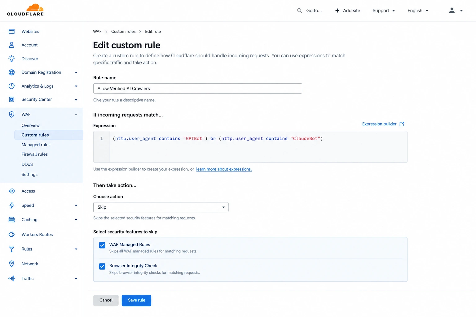 Cloudflare WAF custom rule setup allowing verified AI crawler user agents.