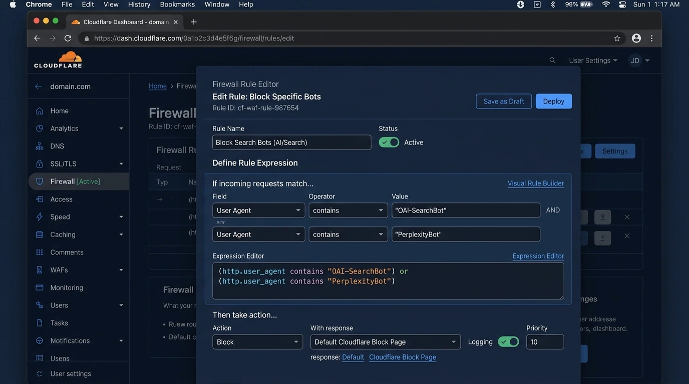 Cloudflare WAF firewall rules editor interface showing custom rules to Allow OAI-SearchBot and PerplexityBot while Blocking GPTBot and ClaudeBot, with expression editor, action selectors, and dark blue professional dashboard theme.