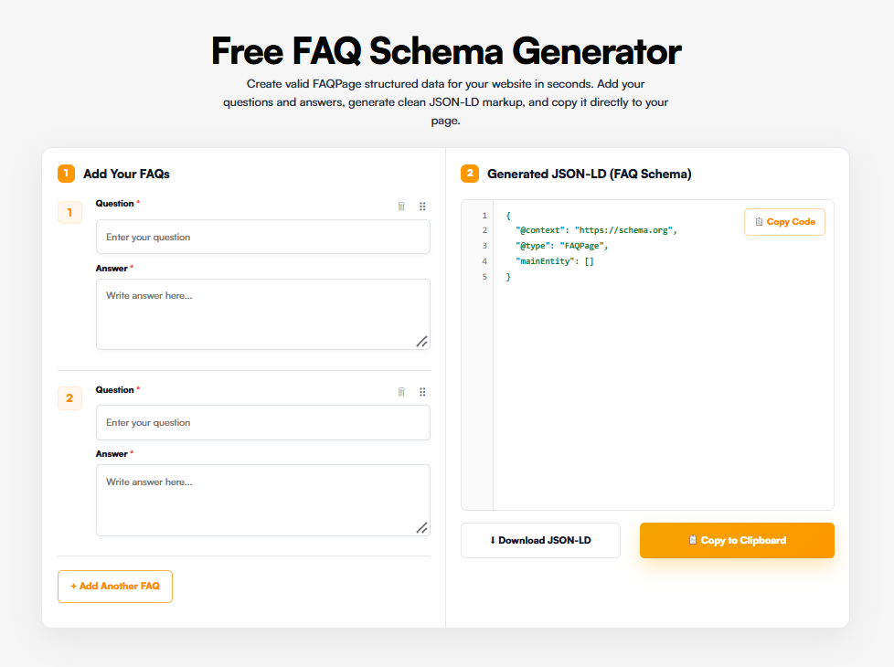 LLMrush FAQ Schema Generator generating clean JSON-LD markup for AI search engines.