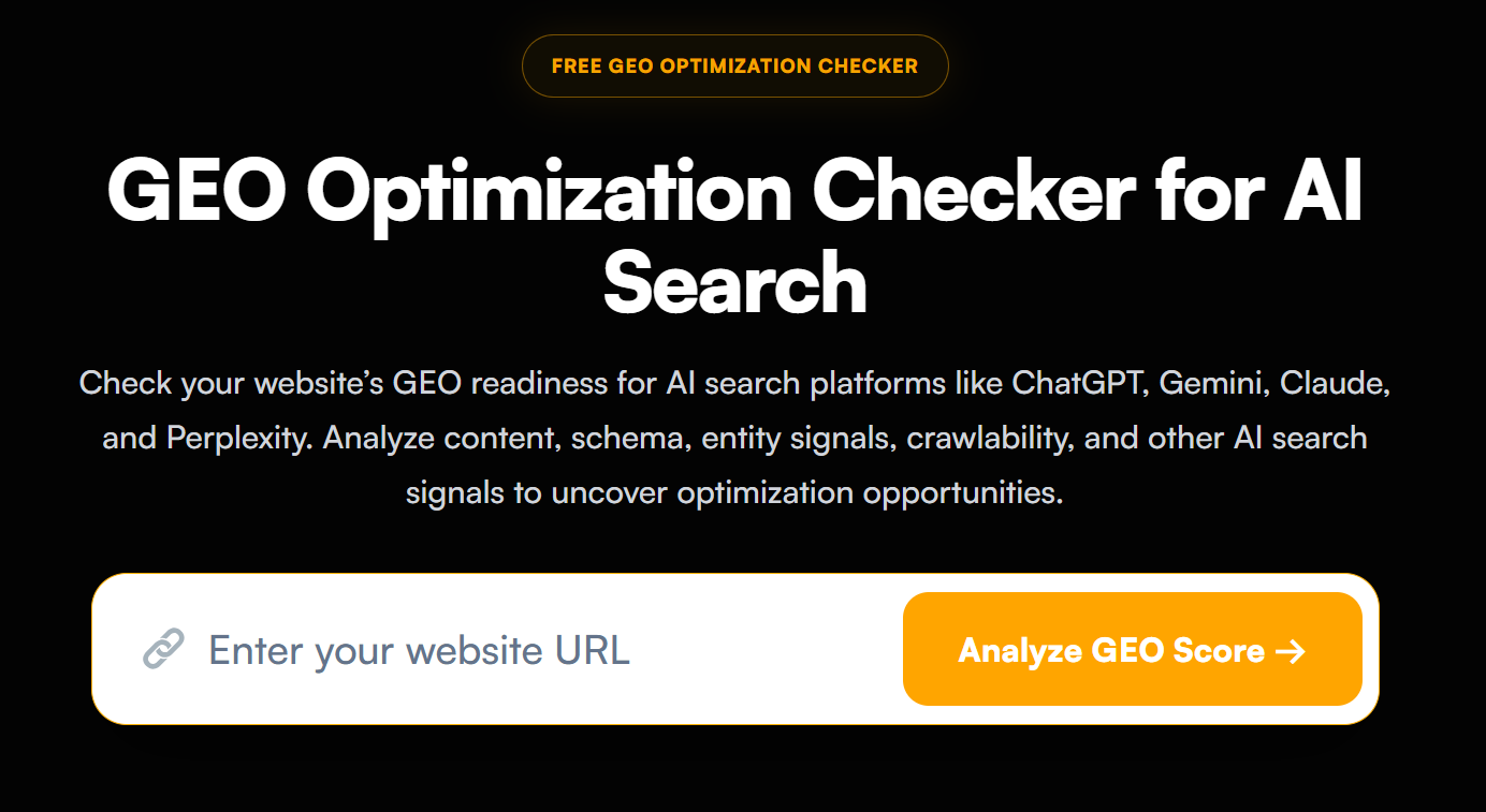 LLMrush GEO Optimization tool analyzing website content and schema readiness for AI search.
