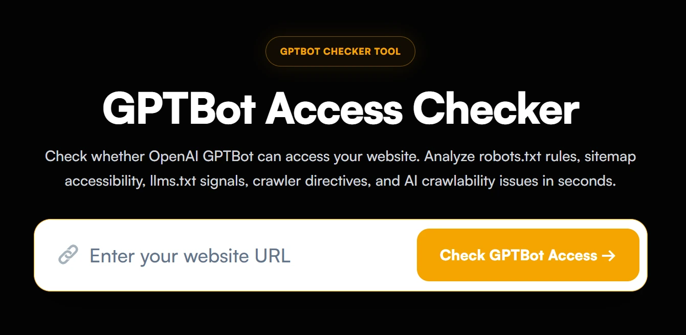 LLMrush GPTBot Checker dashboard testing domain crawlability status.