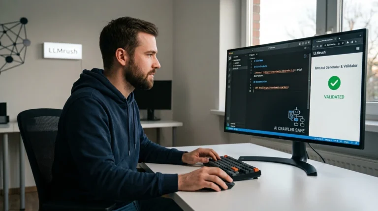 A web developer working on a monitor displaying an llms.txt Markdown code editor and LLMrush AI Crawlability Validator interface.