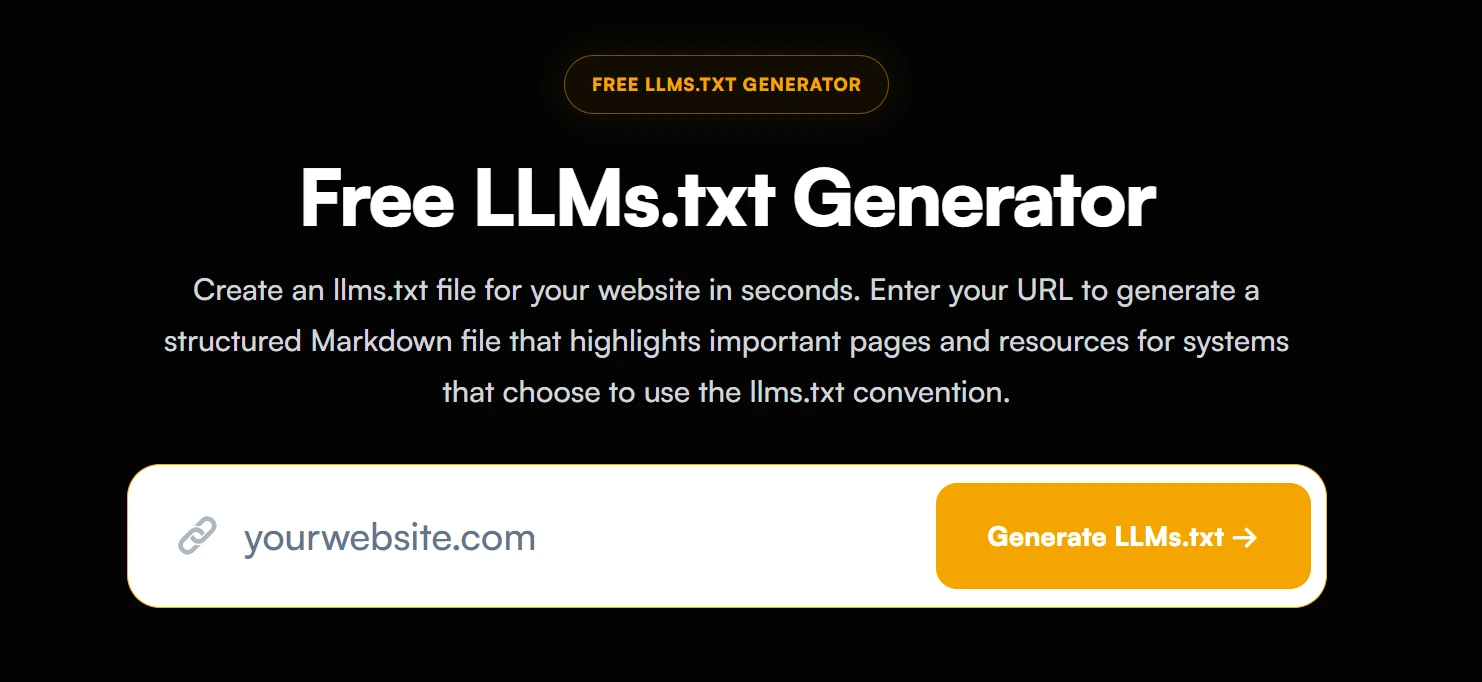 LLMrush Free LLMs.txt Generator tool dashboard.