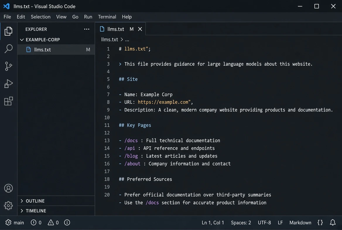 Example of a well-formatted llms.txt Markdown file structure.