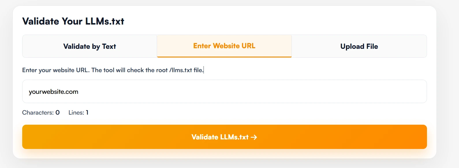 LLMrush LLMs.txt Validator output showing valid syntax status.