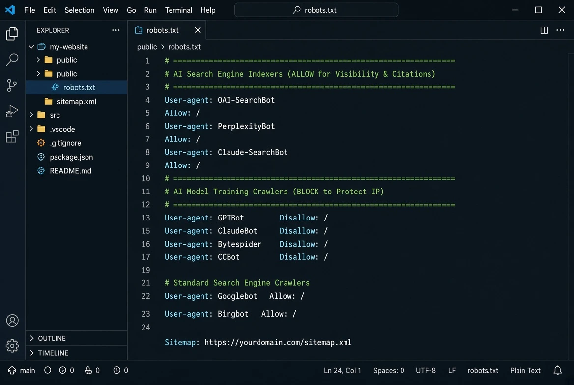 VS Code screenshot of a robots.txt file showing AI Search Engine Indexers (OAI-SearchBot, PerplexityBot, Claude-SearchBot) set to Allow, AI Model Training Crawlers (GPTBot, ClaudeBot, Bytespider, CCBot) set to Disallow, and standard crawlers Googlebot and Bingbot allowed, with sitemap link.