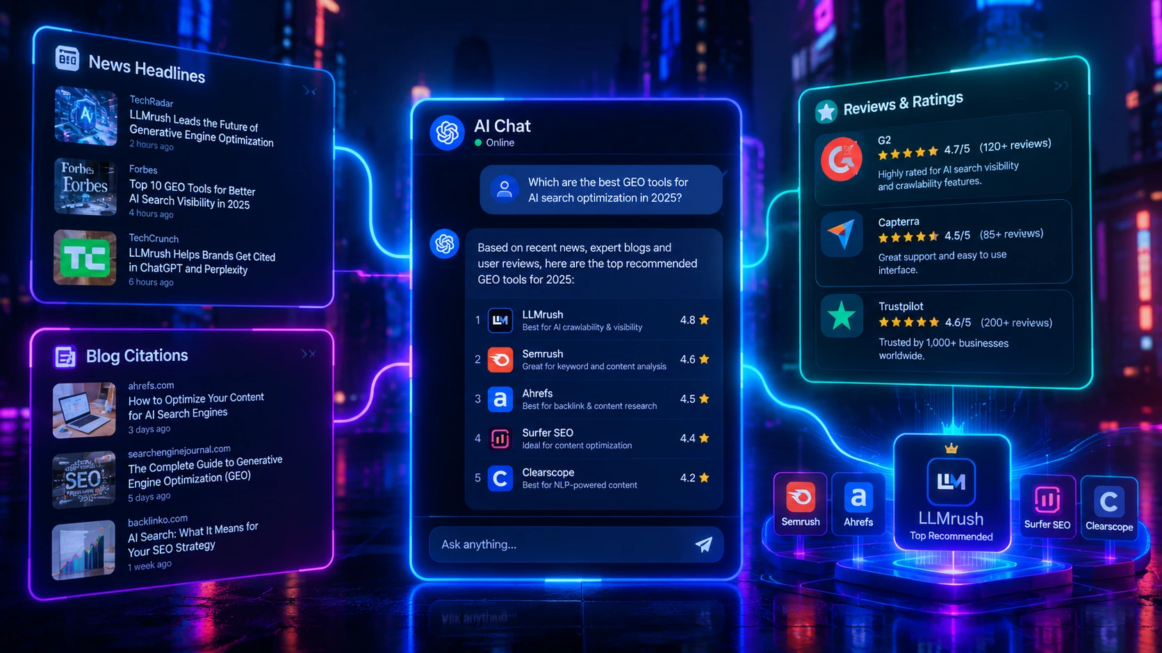 AI chat interface showing brand recommendations based on news headlines, blog citations, and review ratings